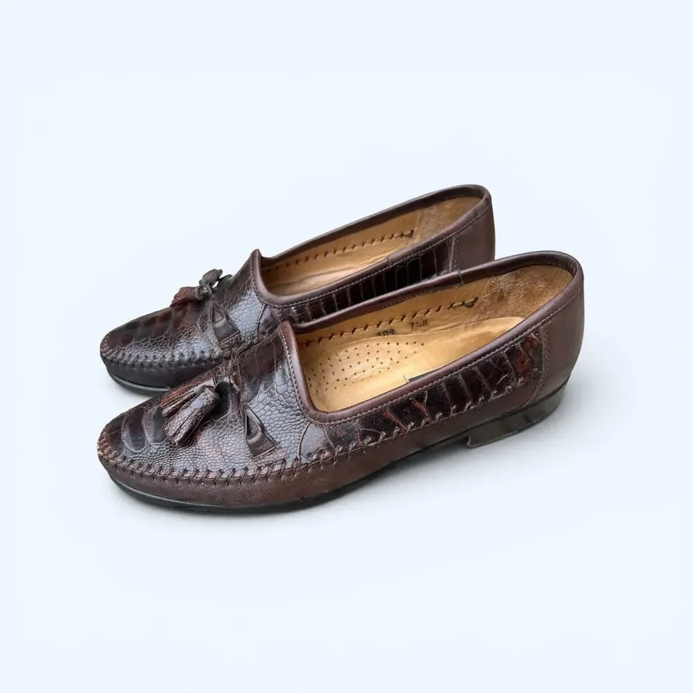 Zelli Ostrich & Leather Tassel Loafers Brown Men’s Slip On Dress Shoes Size 7.5M